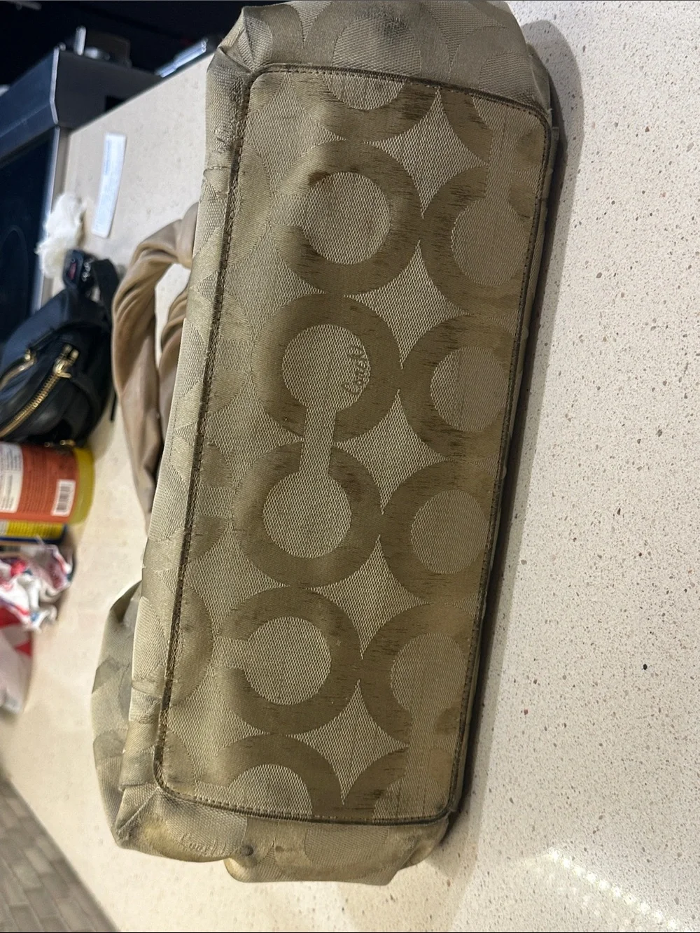 Coach Beige Signature Shoulder Bag with leather Braided Handles used condition